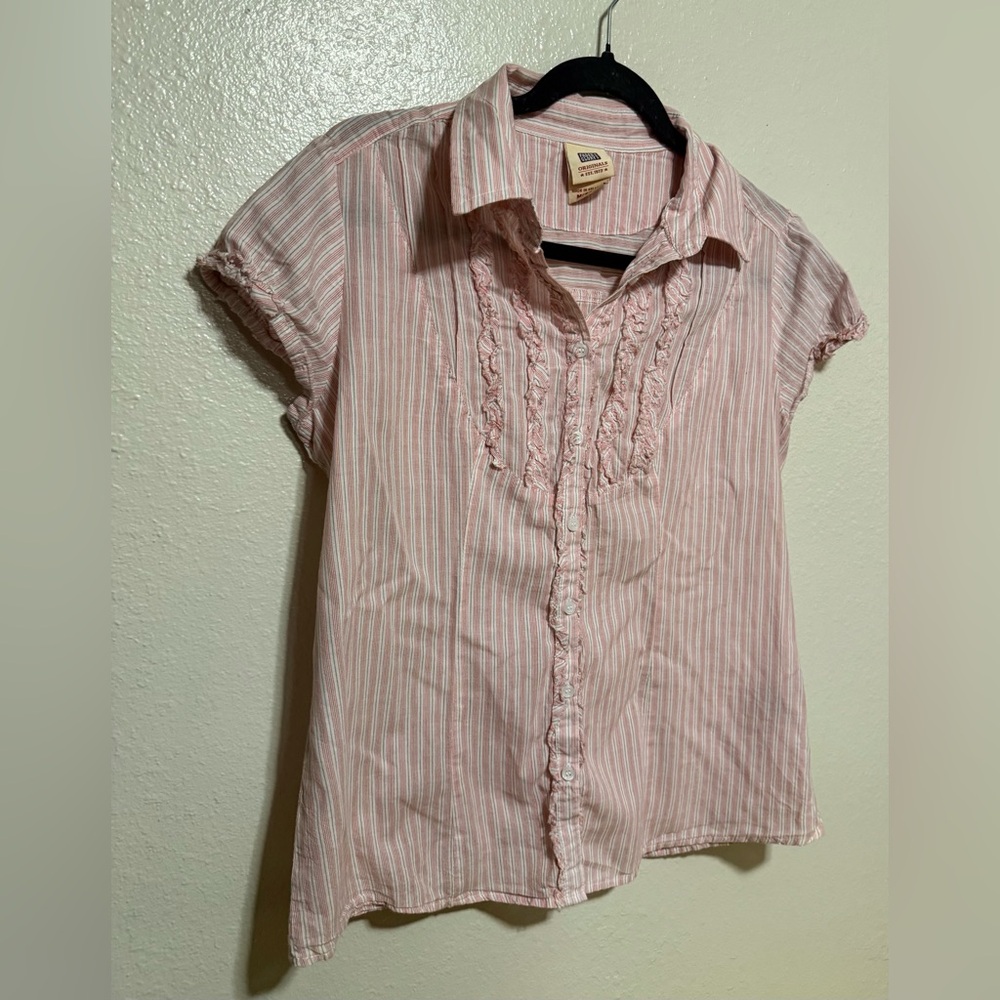 Faded Glory Pink Striped Button Up Blouse Ruffle Top | Cottagecore Casual Shirt - Picture 4 of 4